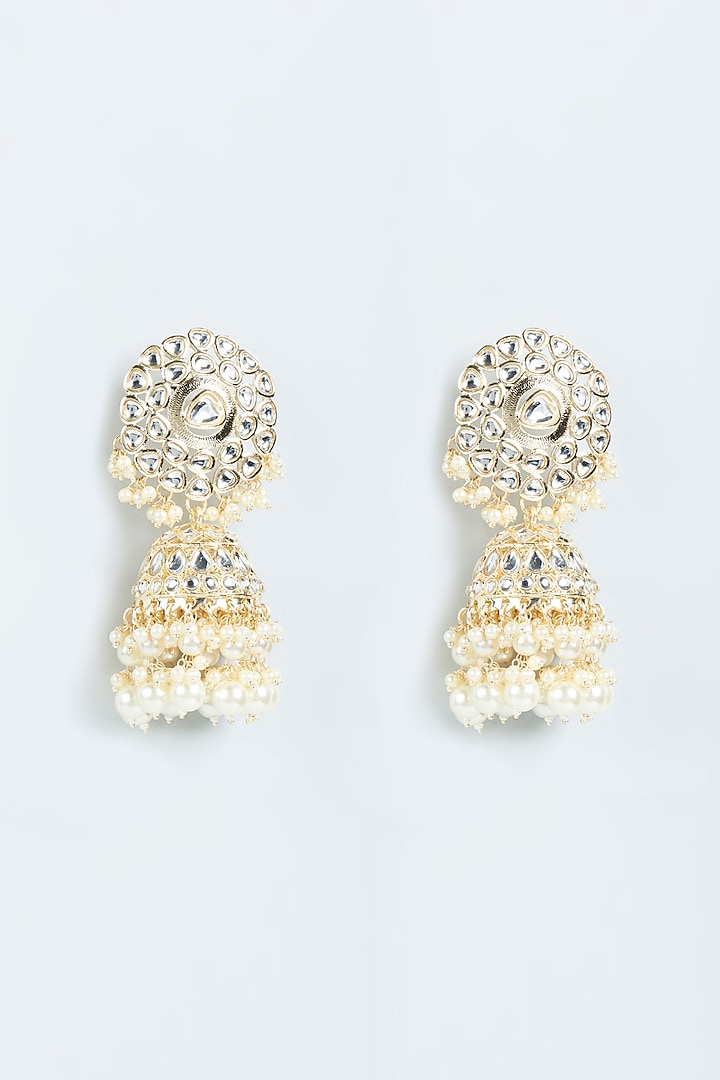 Gold Finish Pearl & Kundan Polki Jhumka Earrings by Moh-Maya by Disha Khatri
