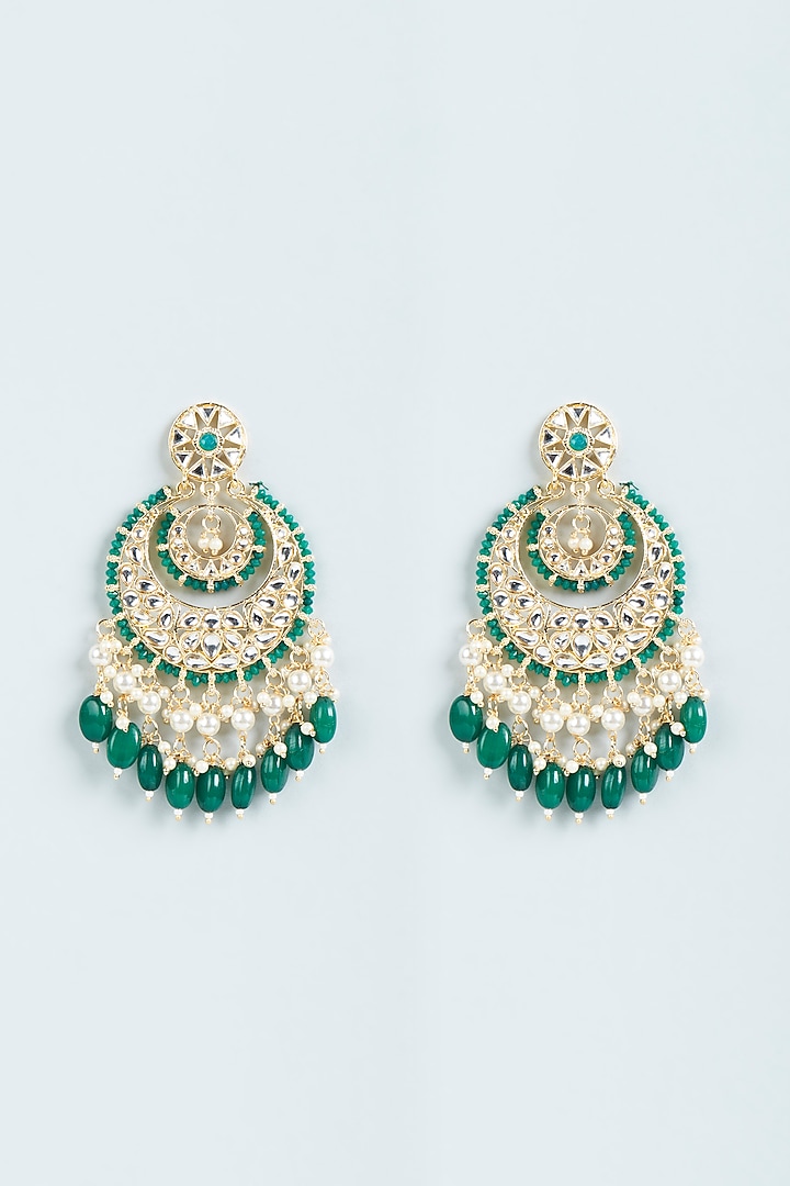 Gold Finish Green Beaded Chandbaali Earrings by Moh-Maya by Disha Khatri