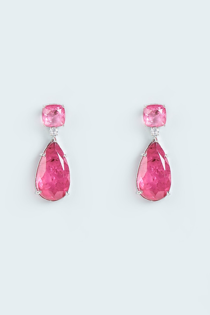 White Finish Pink Stone Dangler Earrings by Moh-Maya by Disha Khatri