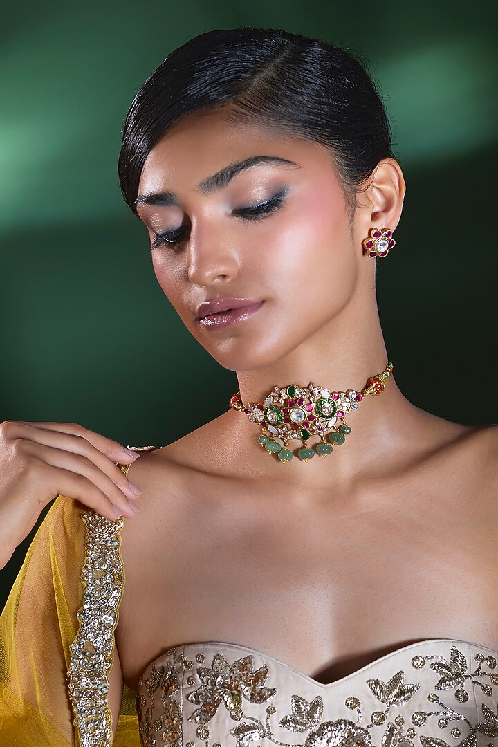 Gold Finish Kundan Polki & Green Beaded Choker Necklace Set by Moh-Maya by Disha Khatri at Pernia's Pop Up Shop