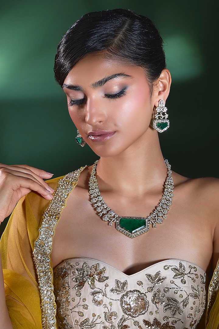 Gold Finish Kundan Polki & Emerald Choker Necklace Set by Moh-Maya by Disha Khatri at Pernia's Pop Up Shop