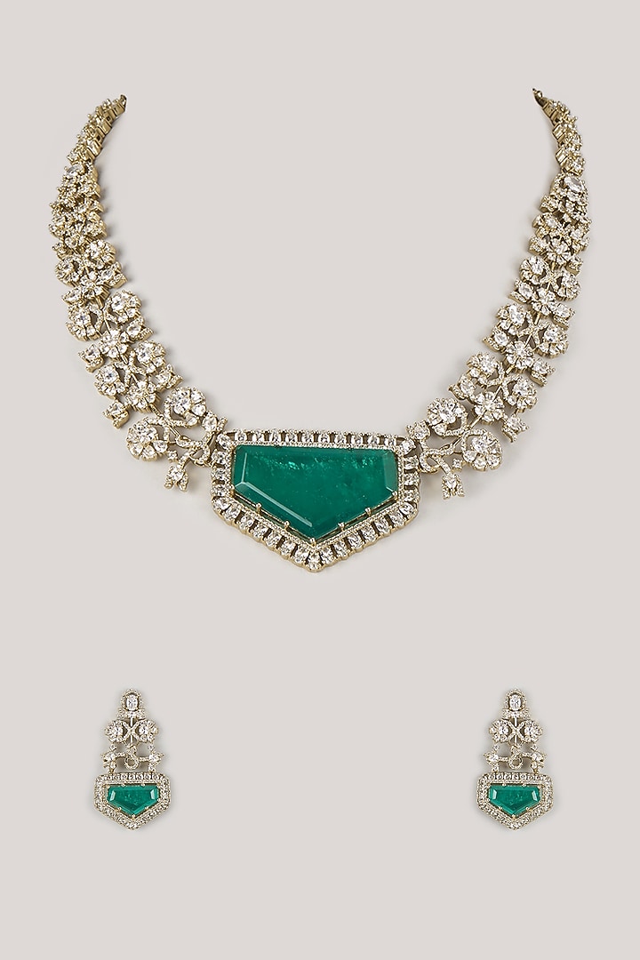 Gold Finish Kundan Polki & Emerald Choker Necklace Set by Moh-Maya by Disha Khatri at Pernia's Pop Up Shop