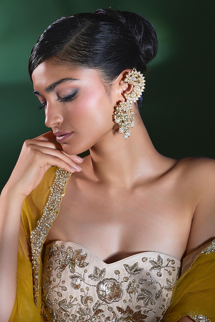Gold Finish Kundan Polki & Pearl Beaded Ear Cuff Earrings by Moh-Maya by Disha Khatri at Pernia's Pop Up Shop