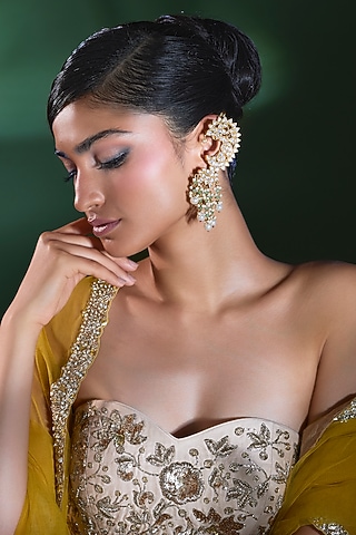 Gold Finish Kundan Polki & Pearl Beaded Ear Cuff Earrings by Moh-Maya by Disha Khatri