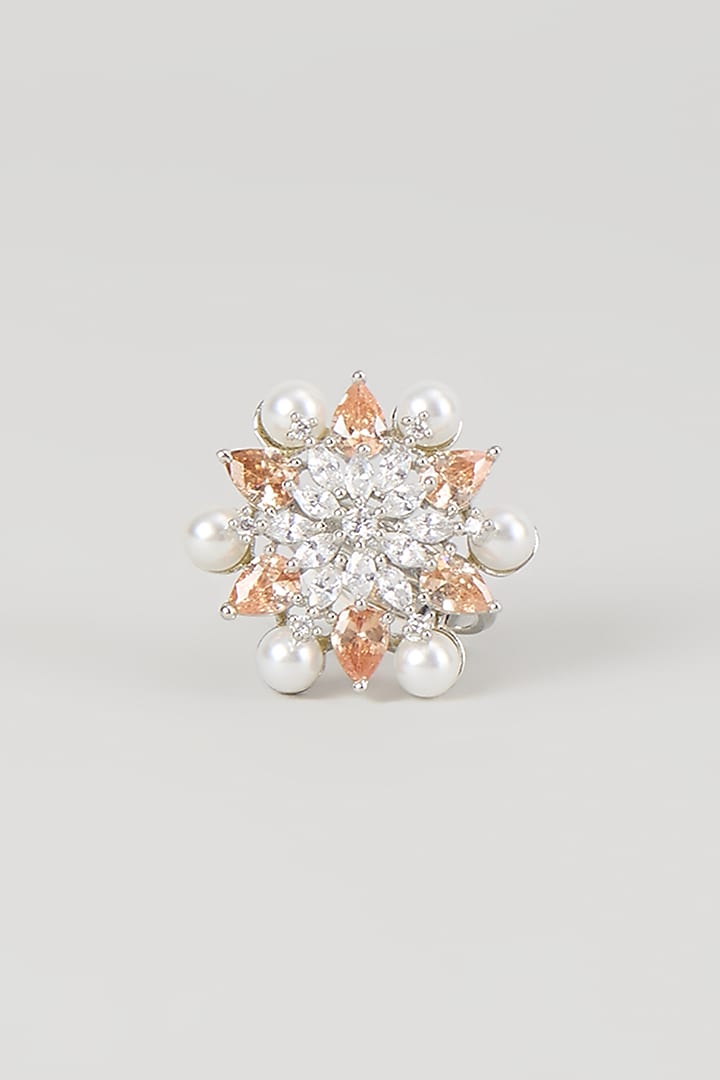 Silver Finish Zircon & Pearl Ring by Moh-Maya by Disha Khatri at Pernia's Pop Up Shop