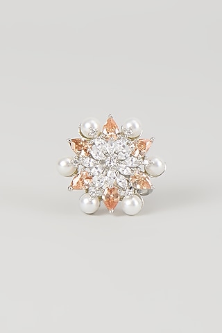 Silver Finish Zircon & Pearl Ring by Moh-Maya by Disha Khatri