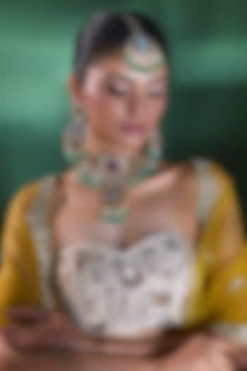 Gold Finish Kundan Polki & Emerald Choker Necklace Set by Moh-Maya by Disha Khatri at Pernia's Pop Up Shop