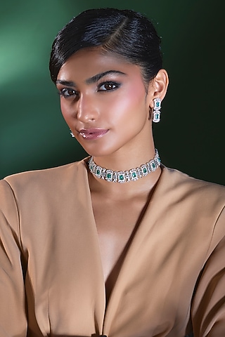 Silver Finish Zircon & Turquoise Stone Choker Necklace Set by Moh-Maya by Disha Khatri