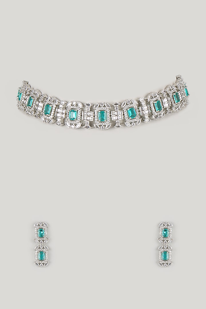 Silver Finish Zircon & Turquoise Stone Choker Necklace Set by Moh-Maya by Disha Khatri at Pernia's Pop Up Shop