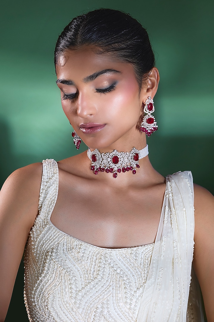 Silver Finish Zircon & Ruby Choker Necklace Set by Moh-Maya by Disha Khatri at Pernia's Pop Up Shop