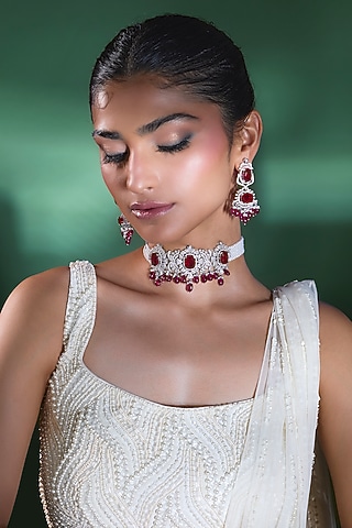 Silver Finish Zircon & Ruby Choker Necklace Set by Moh-Maya by Disha Khatri