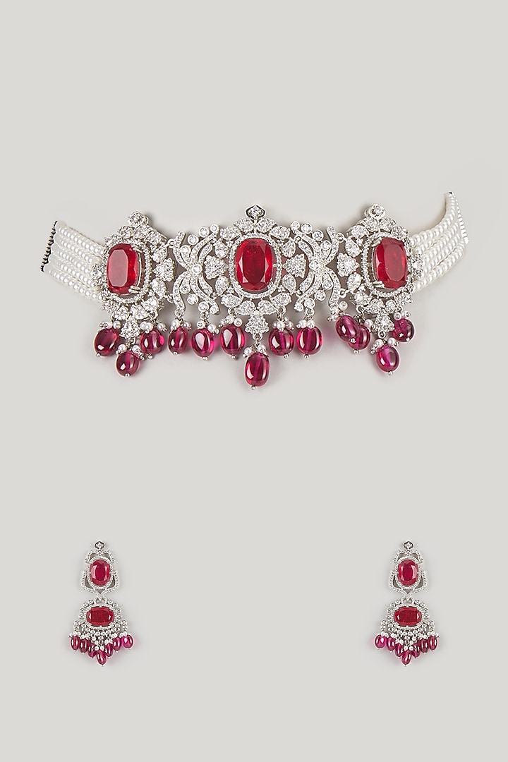 Silver Finish Zircon & Ruby Choker Necklace Set by Moh-Maya by Disha Khatri at Pernia's Pop Up Shop
