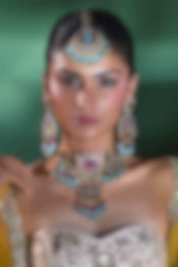 Gold Finish Kundan Polki & Green Beaded Choker Necklace Set by Moh-Maya by Disha Khatri at Pernia's Pop Up Shop
