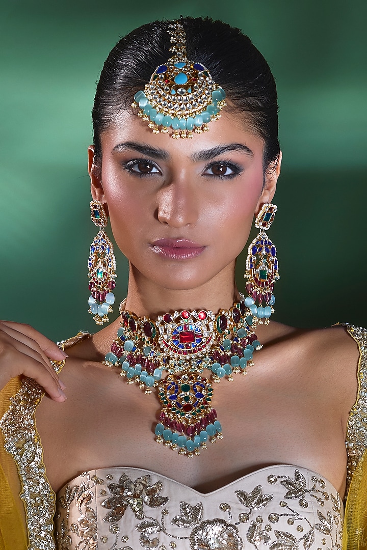 Gold Finish Kundan Polki & Green Beaded Choker Necklace Set by Moh-Maya by Disha Khatri at Pernia's Pop Up Shop