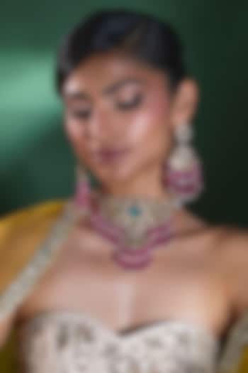 Gold Finish Kundan Polki & Pink Beaded Choker Necklace Set by Moh-Maya by Disha Khatri at Pernia's Pop Up Shop