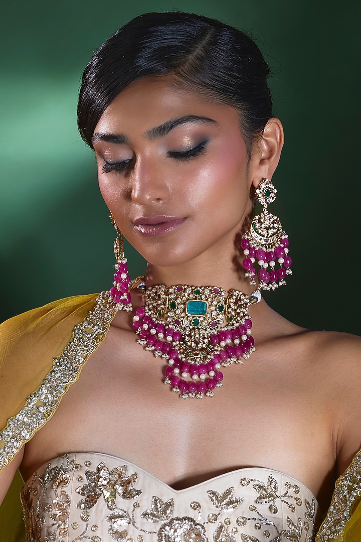 Gold Finish Kundan Polki & Pink Beaded Choker Necklace Set by Moh-Maya by Disha Khatri at Pernia's Pop Up Shop