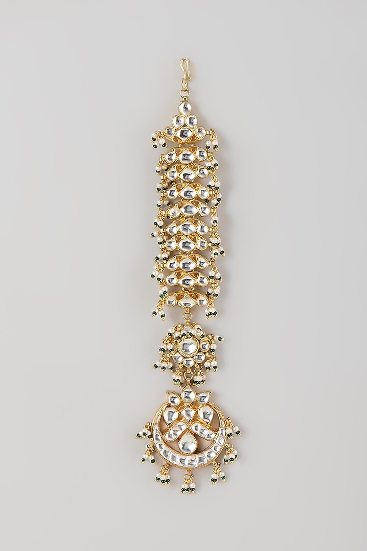 Gold Finish Kundan Polki & Green Beaded Maangtikka by Moh-Maya by Disha Khatri at Pernia's Pop Up Shop