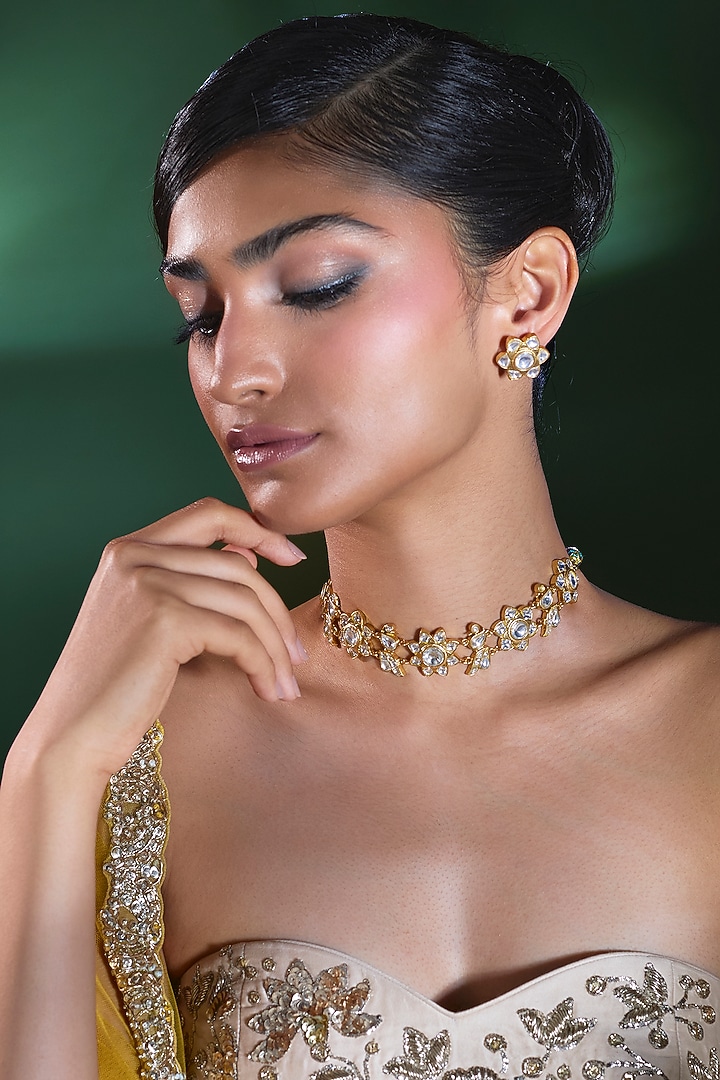 Gold Finish Kundan Polki Choker Necklace Set by Moh-Maya by Disha Khatri at Pernia's Pop Up Shop