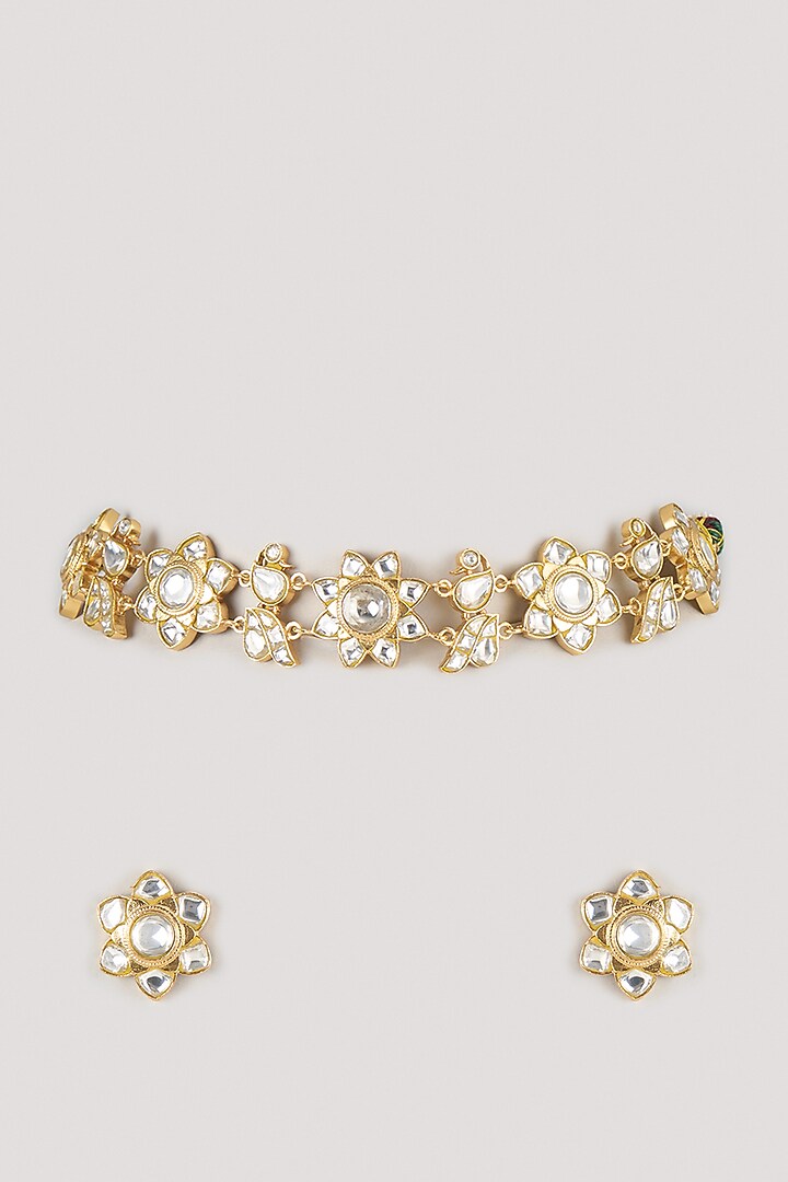 Gold Finish Kundan Polki Choker Necklace Set by Moh-Maya by Disha Khatri at Pernia's Pop Up Shop