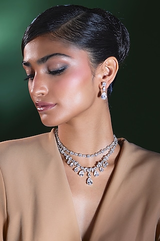 Silver Finish Zircon Layered Necklace Set by Moh-Maya by Disha Khatri