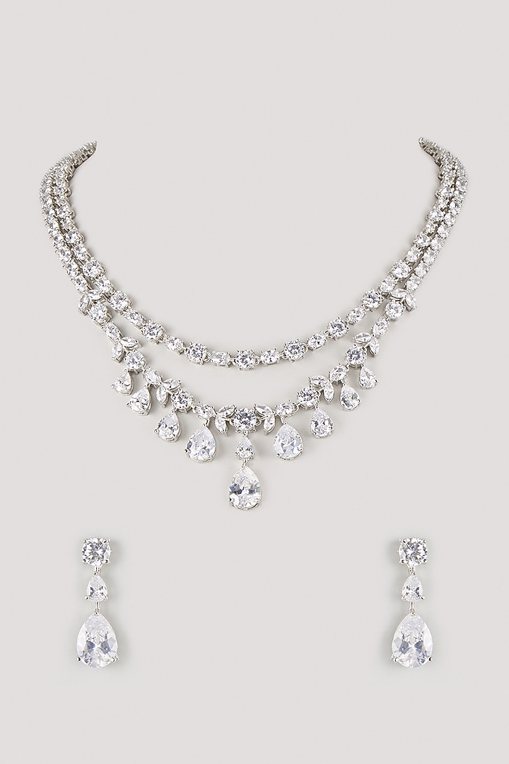 Silver Finish Zircon Layered Necklace Set by Moh-Maya by Disha Khatri at Pernia's Pop Up Shop