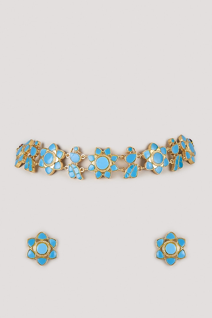 Gold Finish Turquoise Kundan Polki Choker Necklace Set by Moh-Maya by Disha Khatri at Pernia's Pop Up Shop