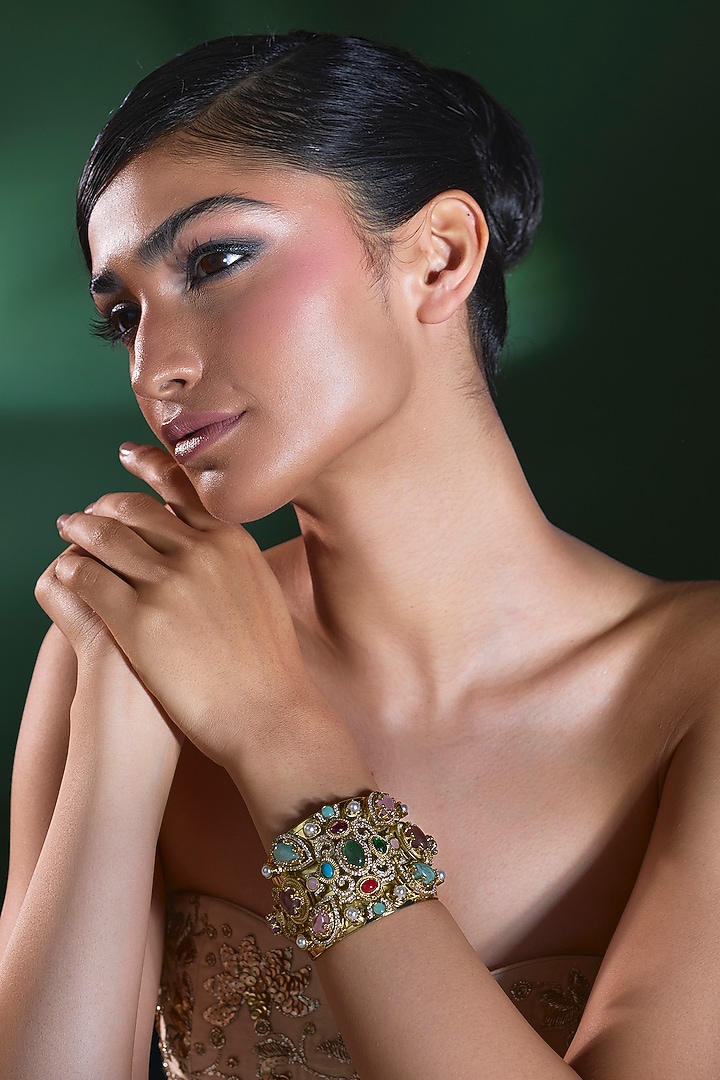 Gold Finish Zircon & Multi-Colored Stone Adjustable Kada by Moh-Maya by Disha Khatri at Pernia's Pop Up Shop