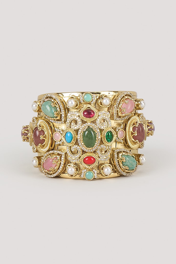 Gold Finish Zircon & Multi-Colored Stone Adjustable Kada by Moh-Maya by Disha Khatri at Pernia's Pop Up Shop
