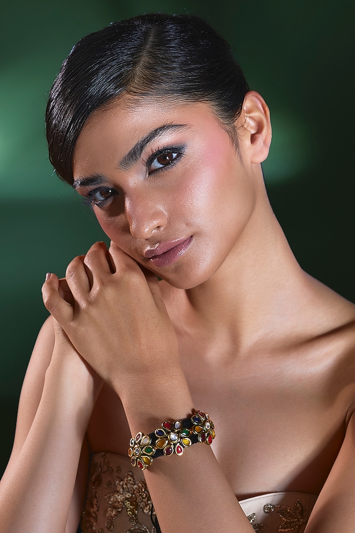 Gold Finish Multi-Colored Stone Thread Bracelet by Moh-Maya by Disha Khatri at Pernia's Pop Up Shop