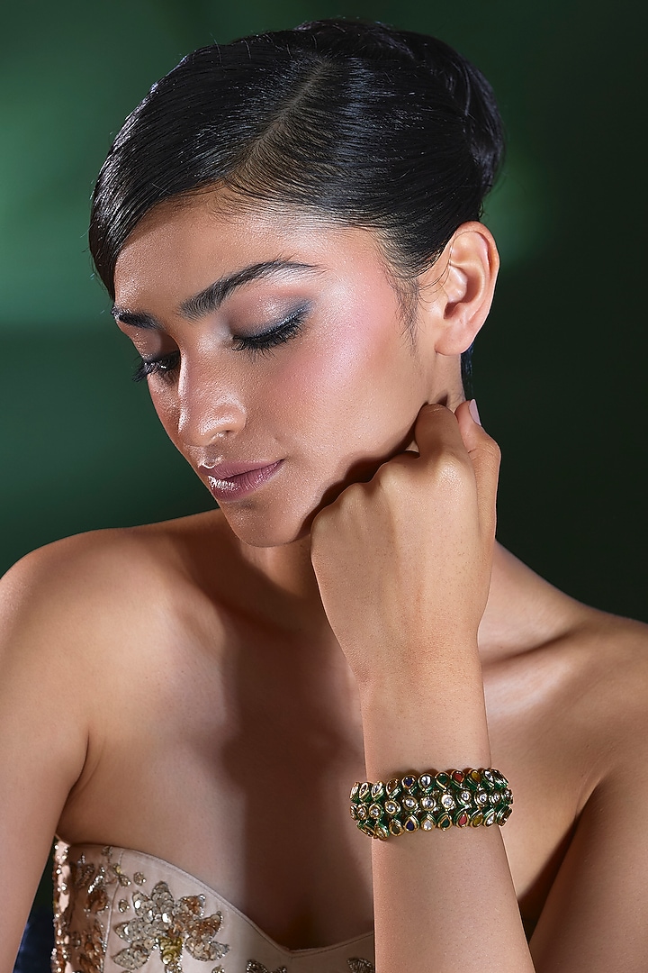 Gold Finish Multi-Colored Stone Thread Bracelet by Moh-Maya by Disha Khatri at Pernia's Pop Up Shop