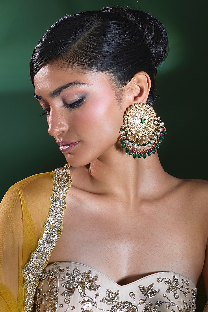 Gold Finish Emerald & Green Beaded Stud Earrings by Moh-Maya by Disha Khatri at Pernia's Pop Up Shop