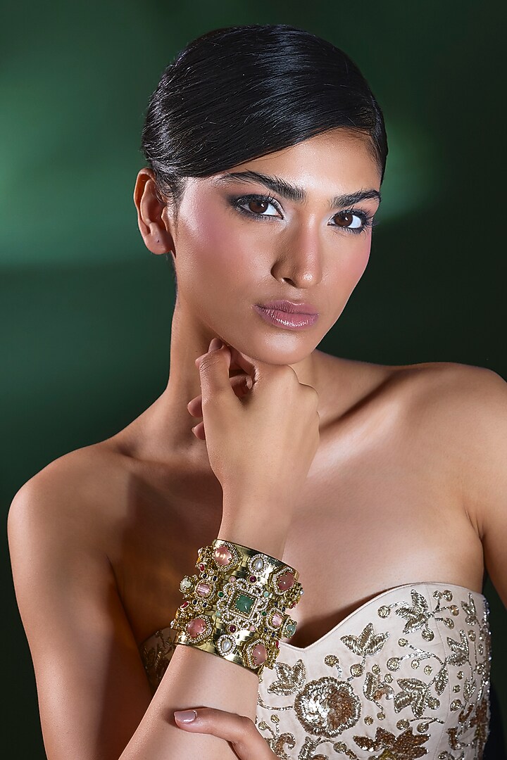 Gold Finish Turquoise & Peach Stone Bracelet by Moh-Maya by Disha Khatri at Pernia's Pop Up Shop