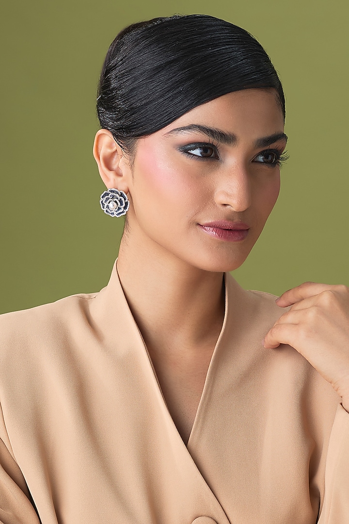 Silver Finish Blue Sapphire & Zircon Stud Earrings by Moh-Maya by Disha Khatri at Pernia's Pop Up Shop