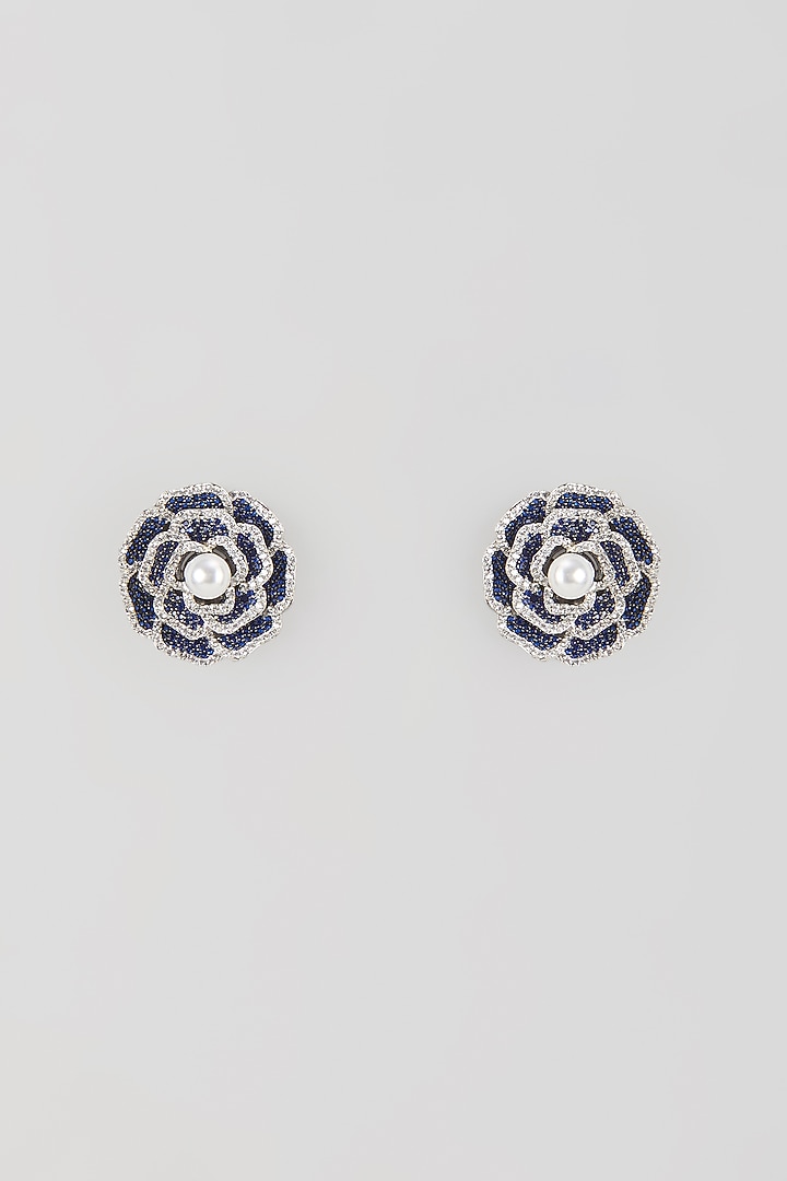 Silver Finish Blue Sapphire & Zircon Stud Earrings by Moh-Maya by Disha Khatri at Pernia's Pop Up Shop