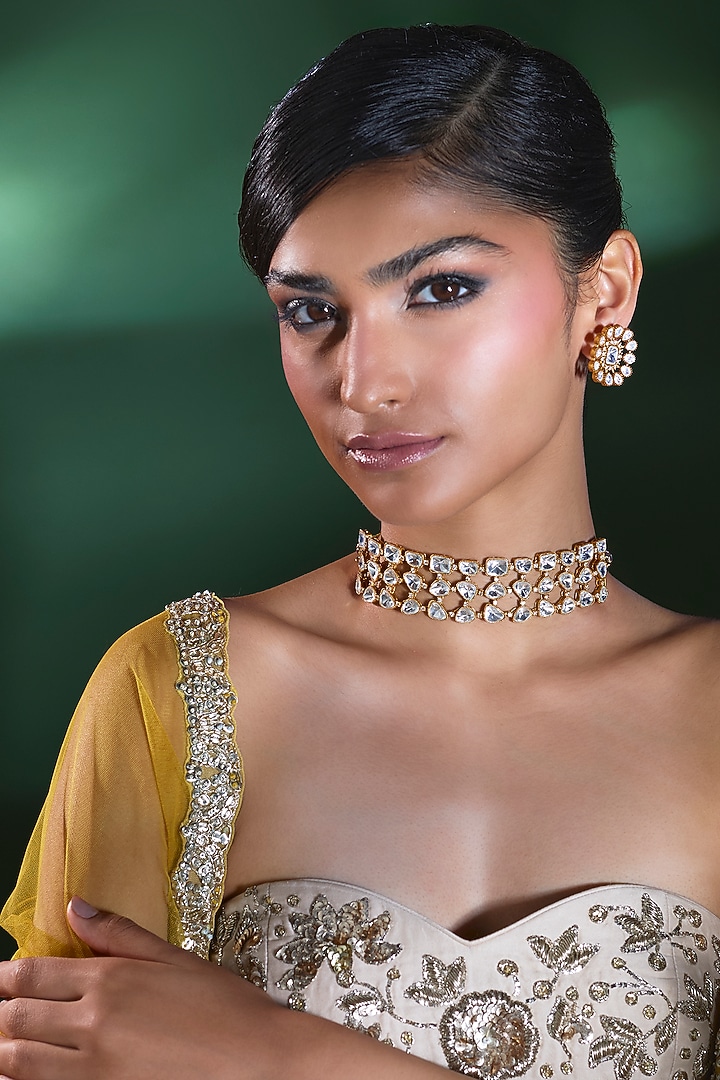 Gold Finish Kundan Polki Choker Necklace Set by Moh-Maya by Disha Khatri at Pernia's Pop Up Shop