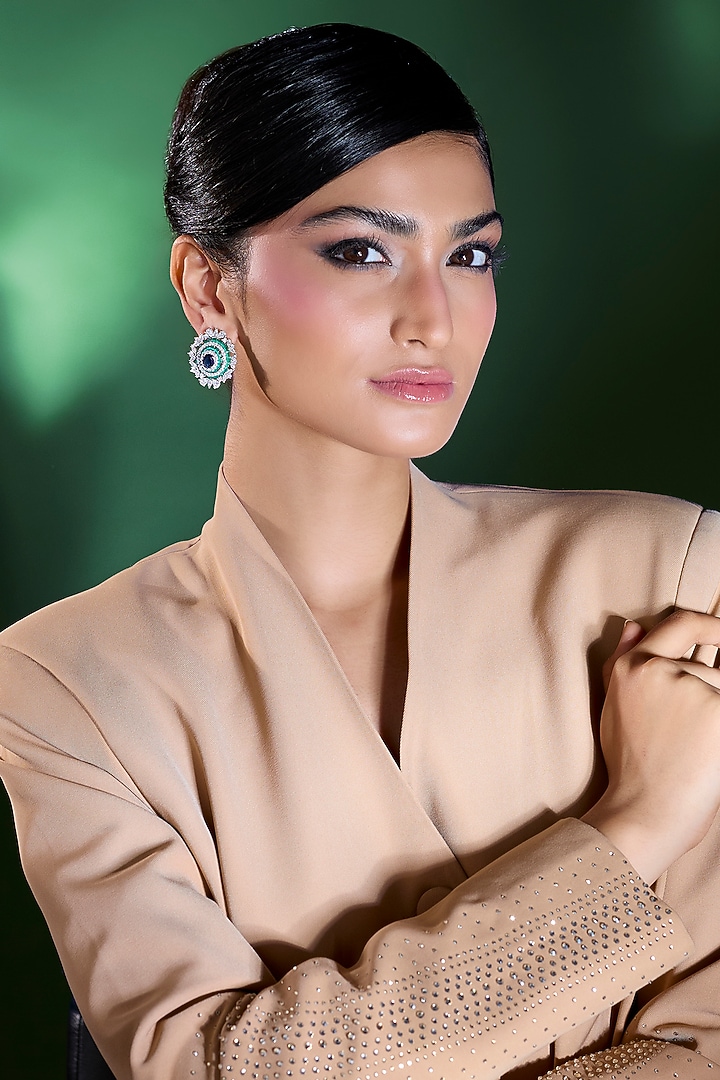 Silver Finish Blue Sapphire & Zircon Stud Earrings by Moh-Maya by Disha Khatri at Pernia's Pop Up Shop