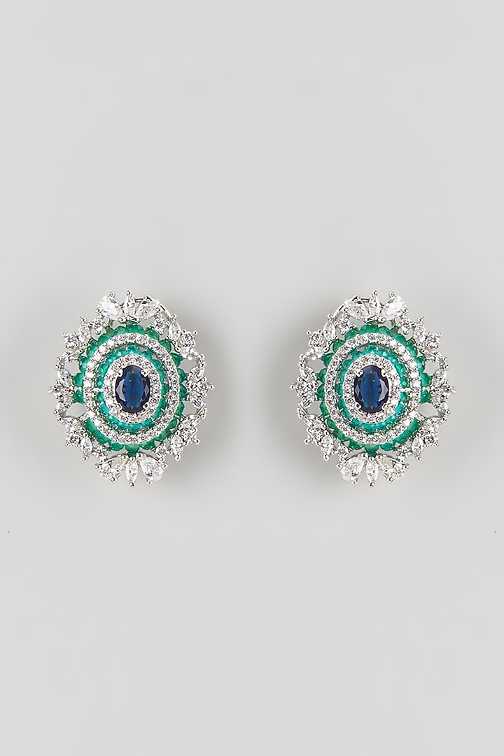 Silver Finish Blue Sapphire & Zircon Stud Earrings by Moh-Maya by Disha Khatri at Pernia's Pop Up Shop