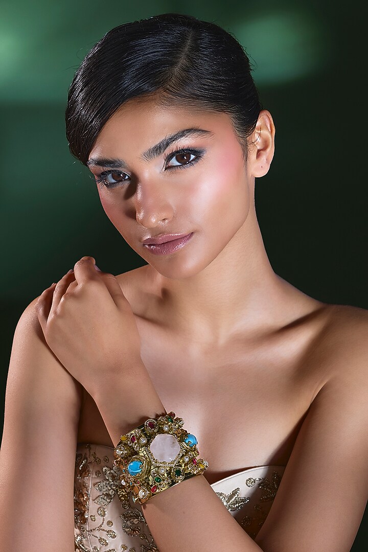 Gold Finish Turquoise & Peach Stone Bracelet by Moh-Maya by Disha Khatri at Pernia's Pop Up Shop