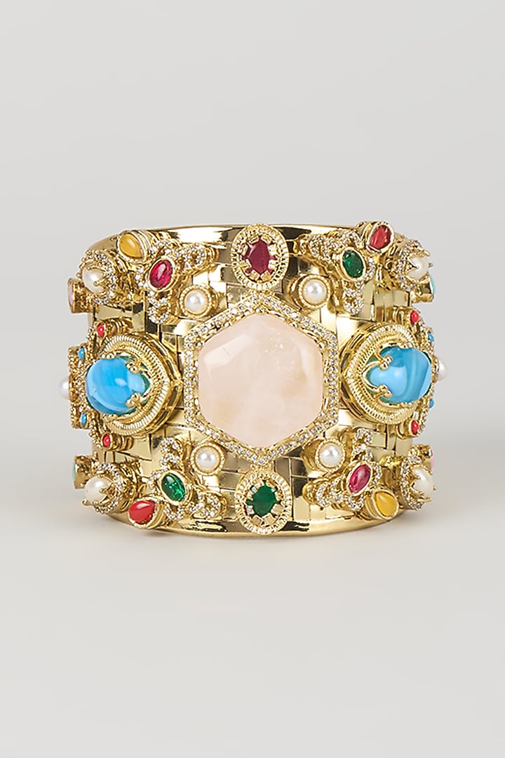 Gold Finish Turquoise & Peach Stone Bracelet by Moh-Maya by Disha Khatri at Pernia's Pop Up Shop