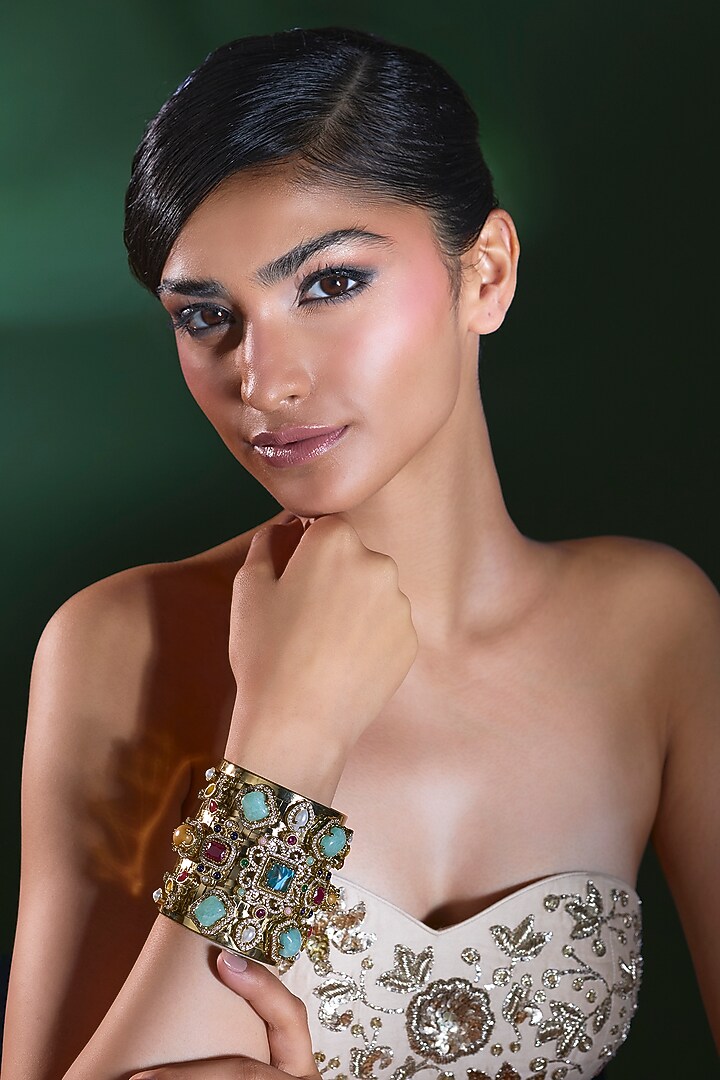 Gold Finish Turquoise & Peach Stone Bracelet by Moh-Maya by Disha Khatri at Pernia's Pop Up Shop