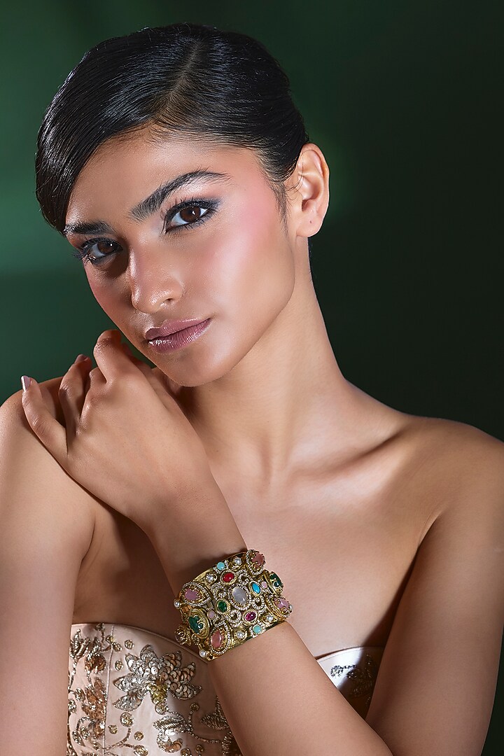Gold Finish Turquoise & Peach Stone Bracelet by Moh-Maya by Disha Khatri at Pernia's Pop Up Shop