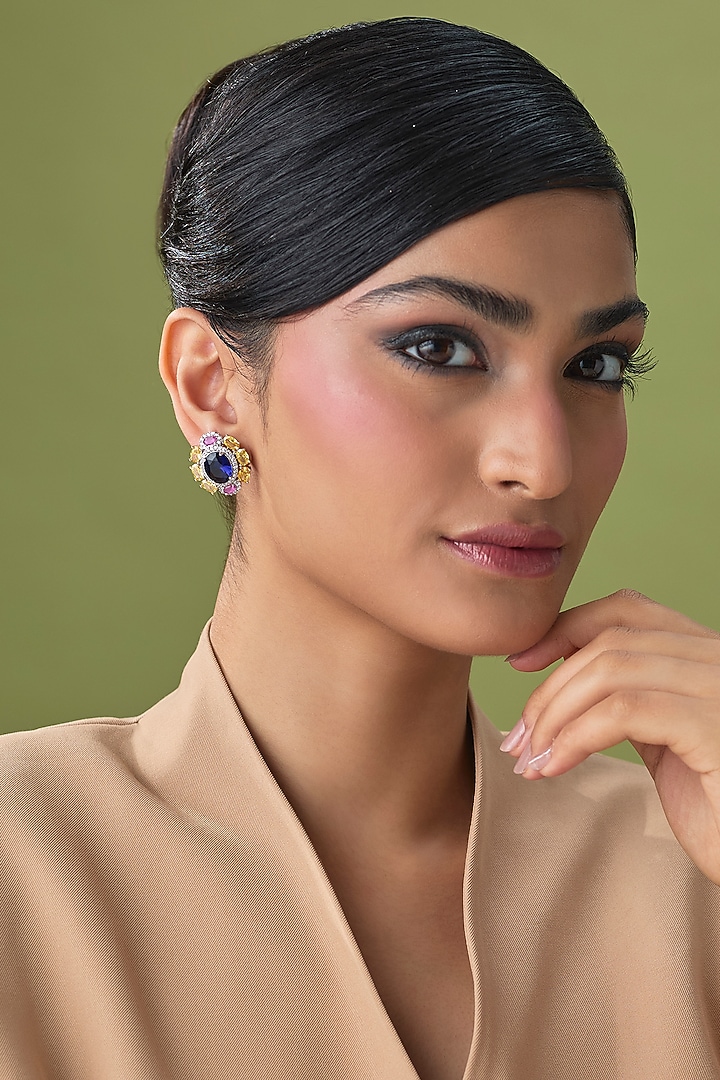 Silver Finish Blue Sapphire & Zircon Stud Earrings by Moh-Maya by Disha Khatri at Pernia's Pop Up Shop