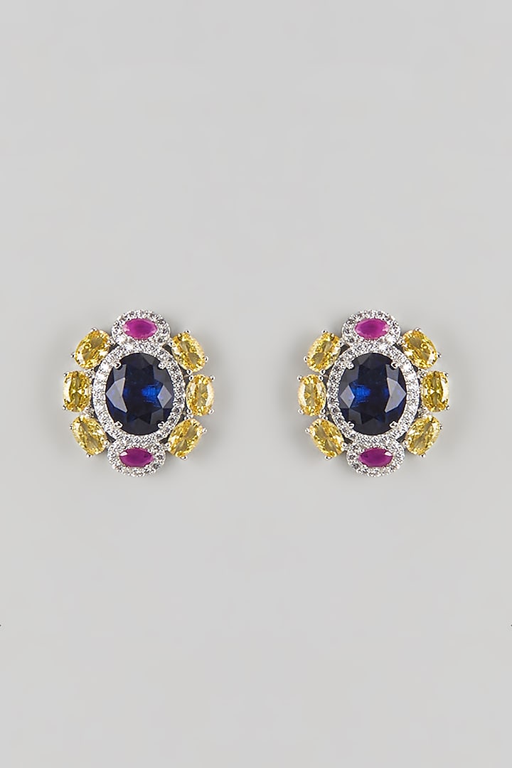 Silver Finish Blue Sapphire & Zircon Stud Earrings by Moh-Maya by Disha Khatri at Pernia's Pop Up Shop