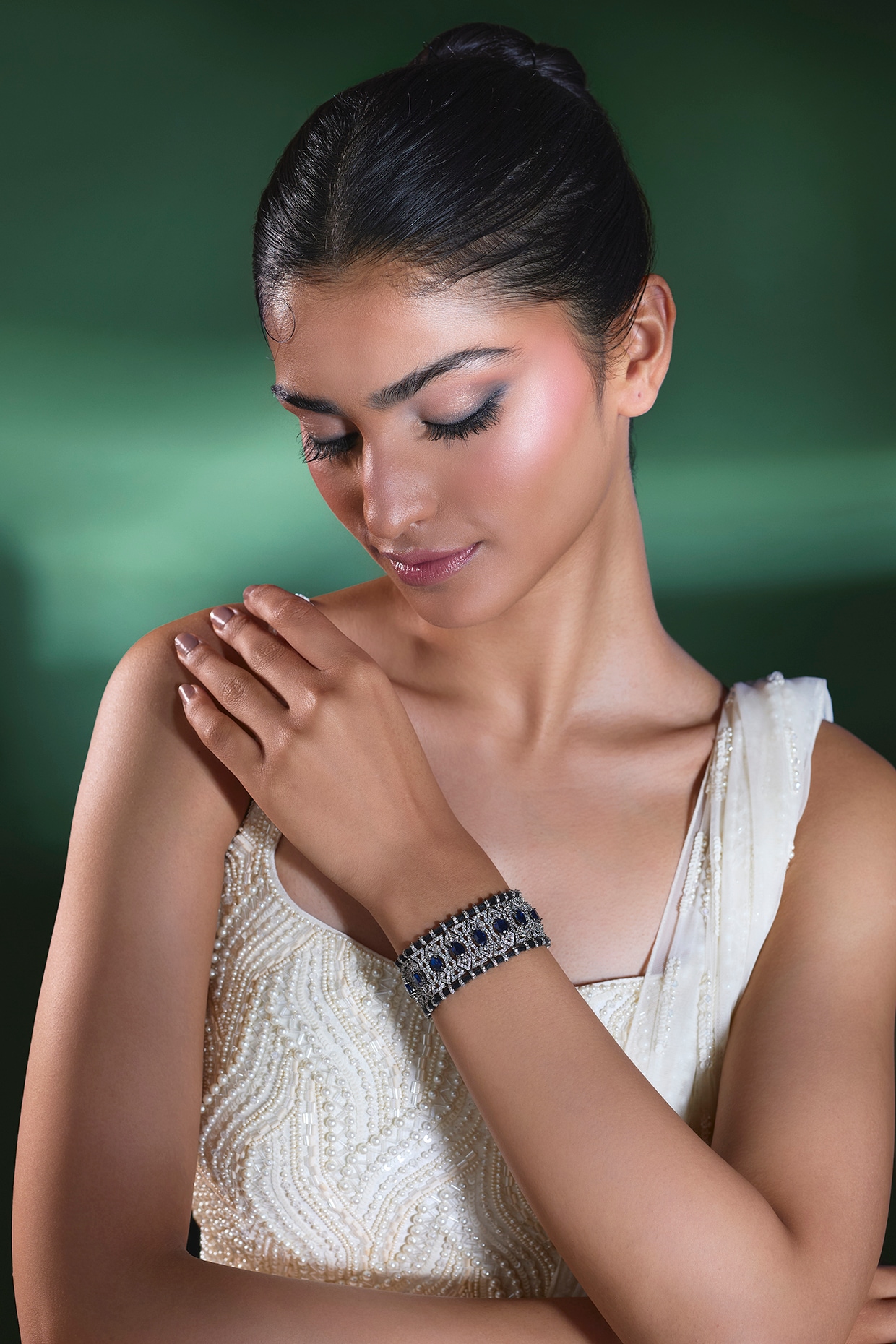 Moh-Maya by Disha Khatri Silver Finish Blue Sapphire & Zircon Thread Bracelet