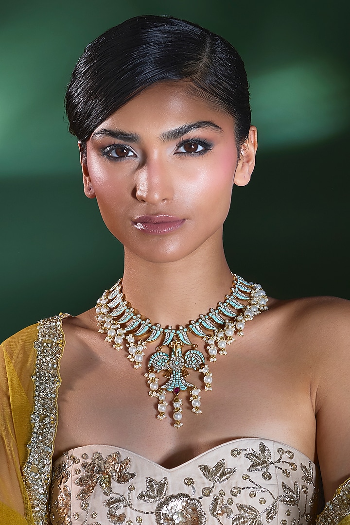 Gold Finish Turquoise Stone & Kundan Polki Necklace by Moh-Maya by Disha Khatri at Pernia's Pop Up Shop