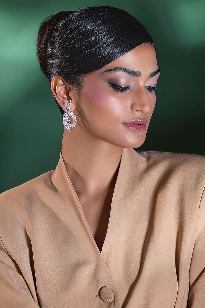 Silver Finish Zircon Stud Earrings by Moh-Maya by Disha Khatri at Pernia's Pop Up Shop