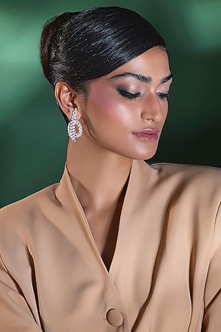 Silver Finish Zircon Stud Earrings by Moh-Maya by Disha Khatri