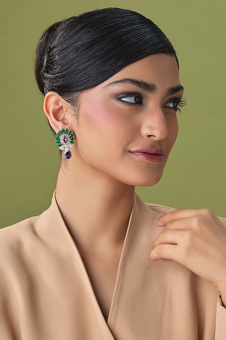 Silver Finish Zircon & Amethyst Stud Earrings by Moh-Maya by Disha Khatri at Pernia's Pop Up Shop