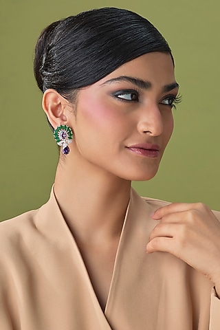 Silver Finish Zircon & Amethyst Stud Earrings by Moh-Maya by Disha Khatri