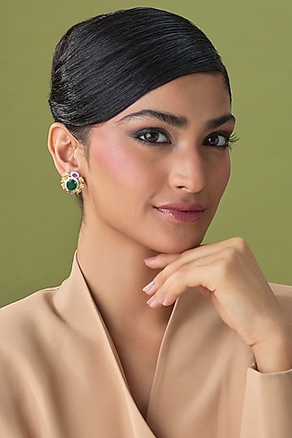 Silver Finish Emerald & Zircon Stud Earrings by Moh-Maya by Disha Khatri